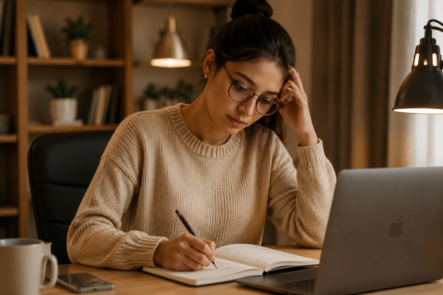Estudiante universitaria organizando su estudio desde casa