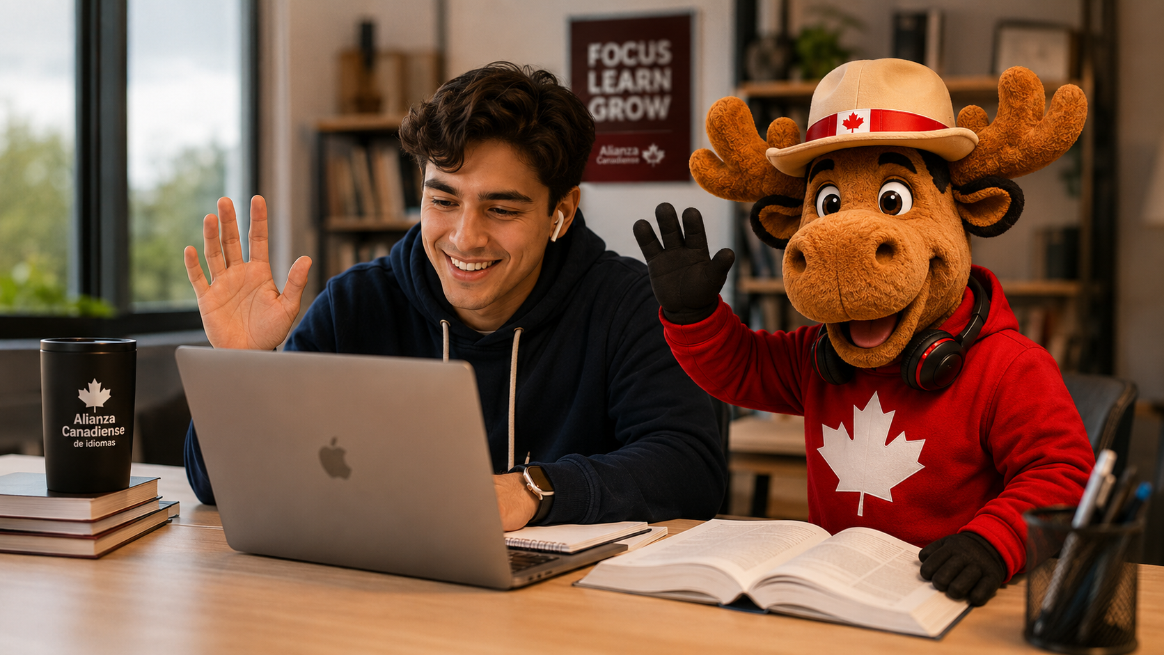 Estudiante universitario en clase virtual acompañado por Mounty